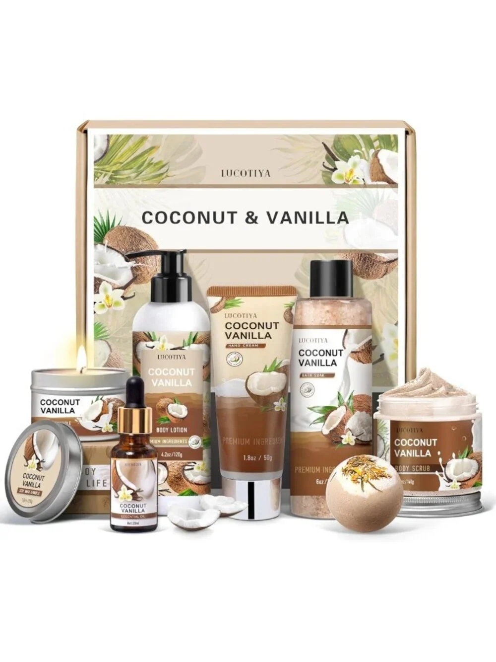 Vanilla Coconut Spa Gift Set - Relaxing Bath & Body Gifts for Women, Self-Care